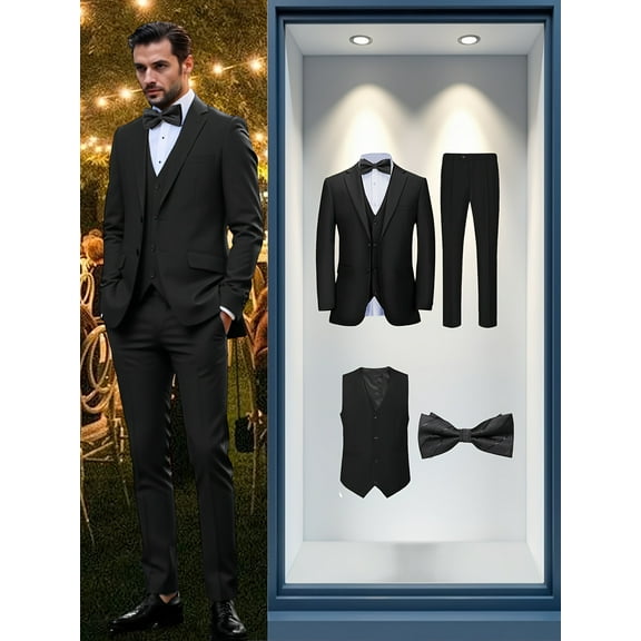 4pcs Men suit Tuxedo Vest Pants Bow Lapel Collar Solid Suit Formal Men Attire for Busniness Party Banquet Job Interview Classic Elegant Clothing