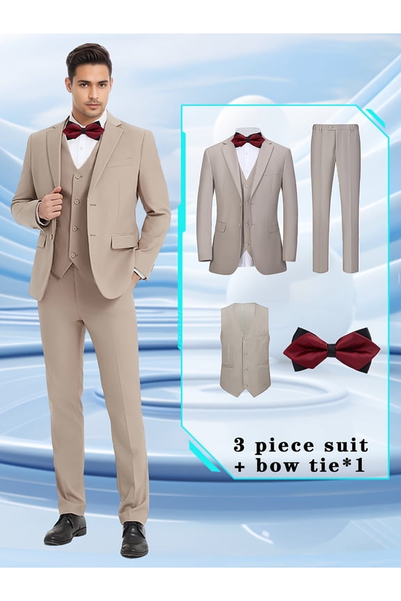 4pcs Men suit Tuxedo Vest Pants Bowtie Lapel Collar Solid Suit Formal Men Attire for Busniness Party Banquet Job Interview Classic Elegant Clothing