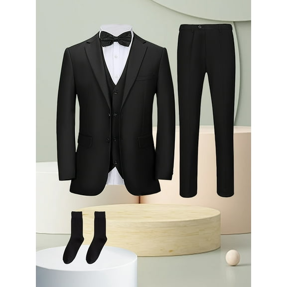4pcs Men suit Tuxedo Vest Pants Socks Lapel Collar Solid Suit Formal Men Attire for Busniness Party Banquet Job Interview Classic Elegant Clothing