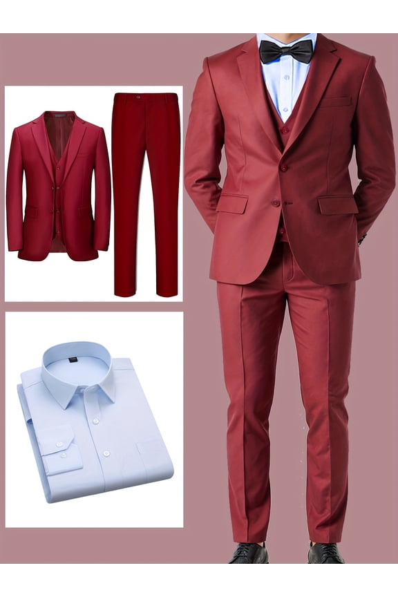 4pcs Mens Formal Suit Set, Men Solid Color Front Button Flat Collar Long Sleeve Minimalist Blue Shirt Pants Casual Suit Set, All Seasons Office Clothing