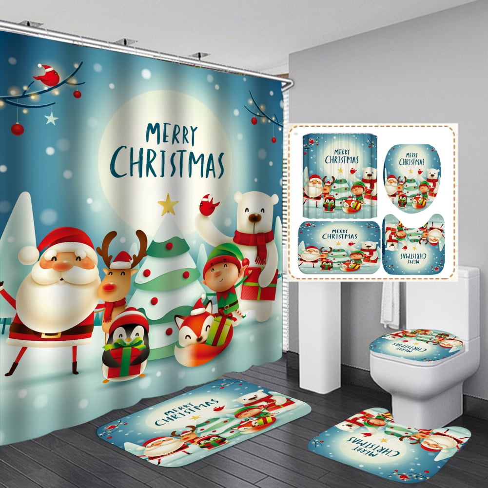 4pcs Merry Christmas Shower Curtains Set with Bath Rug, Toilet Rugs Lid