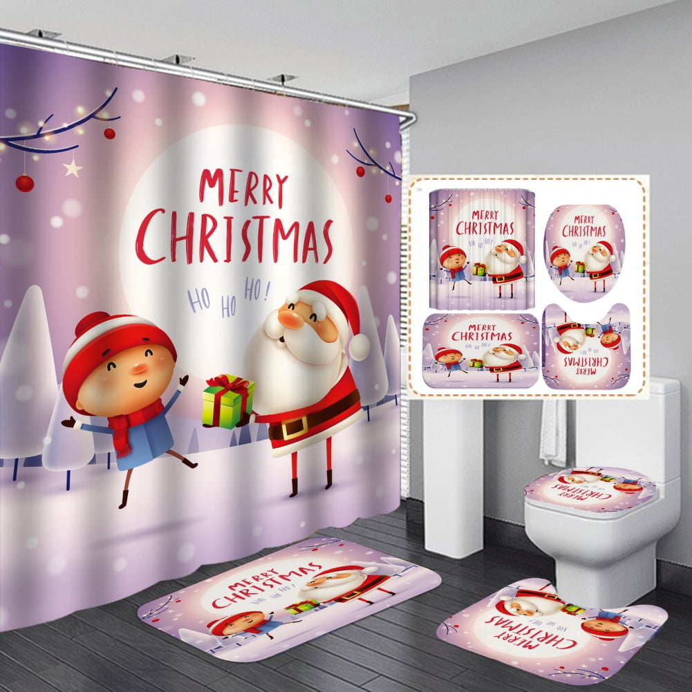 4pcs Merry Christmas Shower Curtains Set with Bath Rug, Toilet Rugs Lid