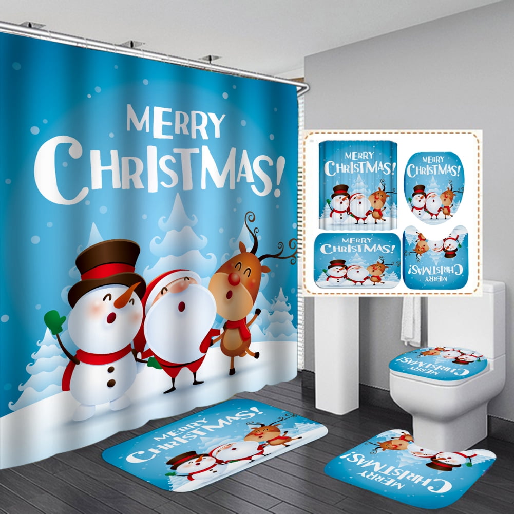 4pcs Merry Christmas Shower Curtains Set with Bath Rug, Toilet Rugs Lid