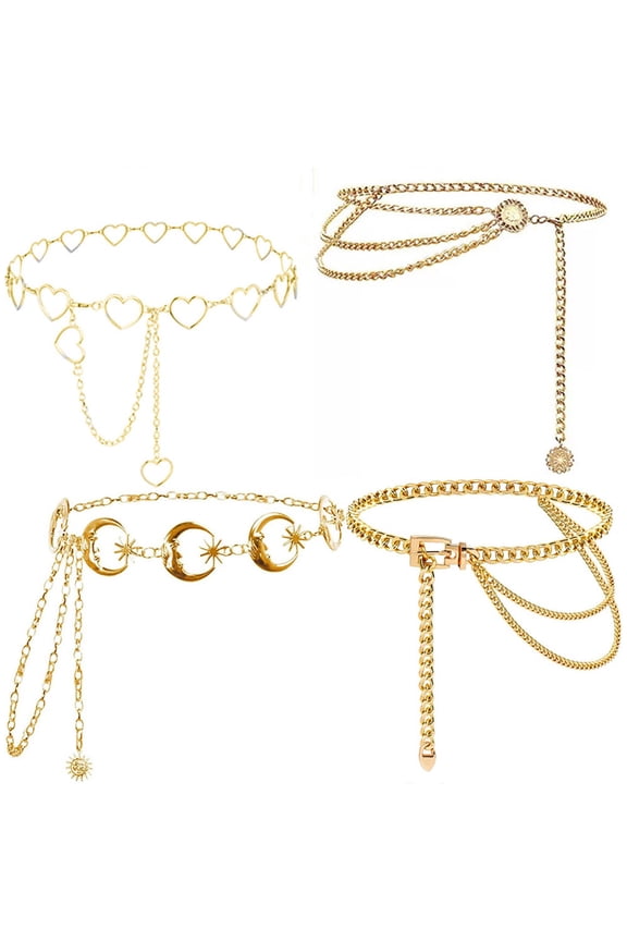 4pcs Metal Chain Belt Women Belly Waist Chain Fashion Body Link Belts, Approximately 105cm