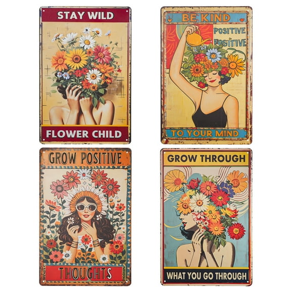 4pcs Metal Tin Sign, 8 x 12inch Positive Girls Tin Wall Signs Vintage Plaques with Flowers, Motivational Wall Decor Retro Art Tin Sign, Hippie Boho Home Decor Sign for Bars Pubs Bedroom
