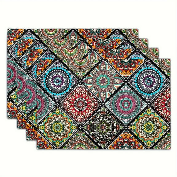 4pcs Mexican Ethnic Traditional Pattern with Geometric Plaid Table Mats Durable Washable Rustic Linen Vintage Placemats for Home Dinner Party Camping Wedding Table Decoration 12 x 18 Inch