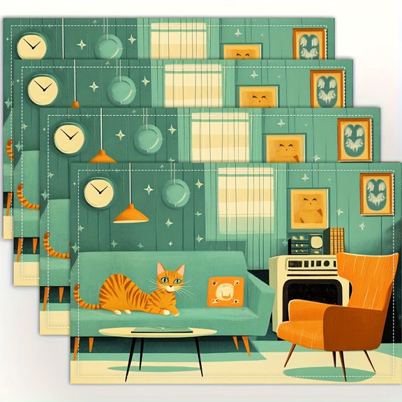 4pcs Mid-Century Meow Retro Atomic Cats Placemats - Fashion Print Table Mats with Whimsical Cat & Star Design, 12x18 Inch Ideal for Dining Table, Kitchen, Party, Indoor Decor, Holiday