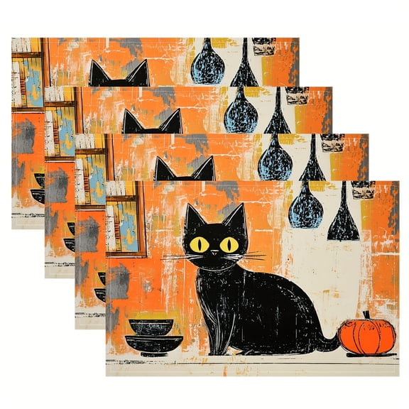 4pcs, Mid Century Modern Atomic Cat Retro Black Cat placemats, fashion print pattern table mat, for dining table, kitchen, party, indoor, holiday, dinner parties and home decor (table mats) 12x18