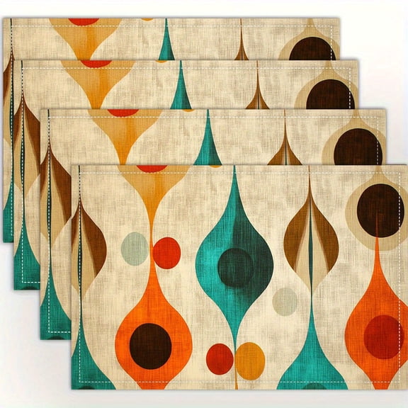 4pcs, Mid Century Modern Atomic Drops Retro Pattern Turquoise Orange Brown Cream Placemats, Fashion Print Pattern Table Mat, for Dining Table, Kitchen, Party, Indoor, Holiday
