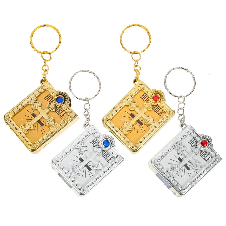 4pcs Mini Holy Bible Keychain Religious Favor Christian Jesus Keychain Keyring Golden and Silver Random Rhinestone Color