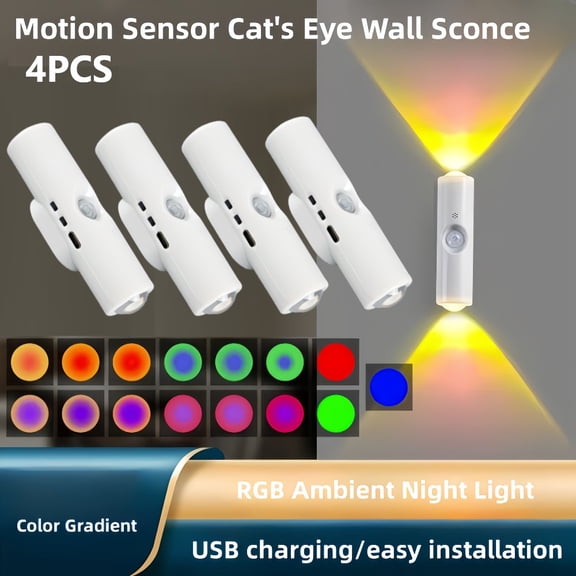 4pcs Mini LED Motion Sensor Light | RGB Color Adjustable, USB Rechargeable, Plastic Wall Light for Bedroom, Office, Staircase Ambient Lighting