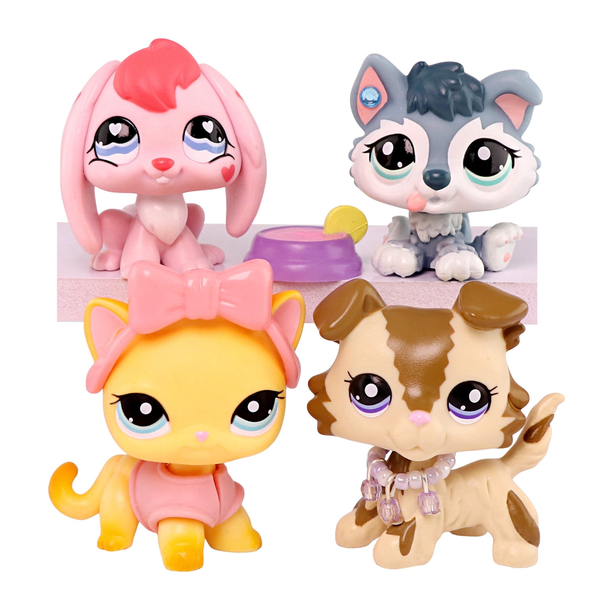 4pcs Mini Pet Toys Bunny Rabbit Collie Short Hair Cat Husky Puppy with Accessories,Gift for Kids