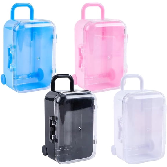 4pcs Mini Plastic Travel Suitcase Candy Box Suitcase Mini Luggage Reception Gift Box Tiny Travel Luggage Cases Necklace Ring Jewelry Organizers (Blue/Pink/Black/White) 2.74.84.3In Mixed Color