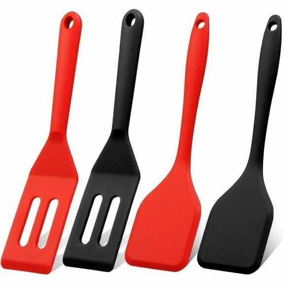 Mini Silicone Brownie Serving Spatula Set Flexible Non Stick Serve Turner Heat Resistant Cooking Spatula for Flip Eggs Crepe Steak Pizza Kitchen Utensil (Red, Black)