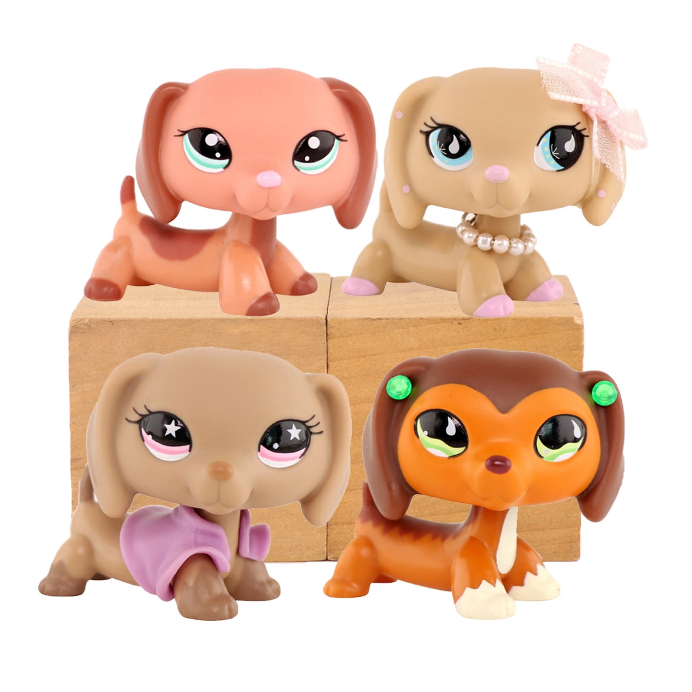 4pcs Mini lps Pet Toys Dachshund #2046 #675 #932 #909 with Bow Necklace Jacket Accessories,Bobble-head