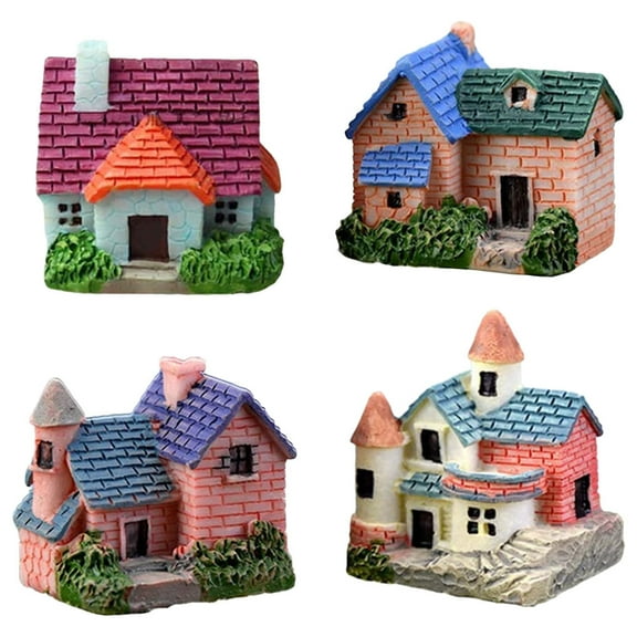 4pcs Miniature Resin Garden Houses Figurines, Tiny Village Plant Pot Decorations, Mixed Style Set for Indoor Outdoor
