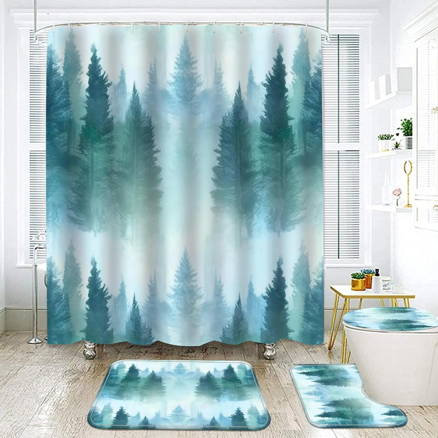 4pcs Misty Forest Shower Curtains Sets,Nature and Woodland Shower