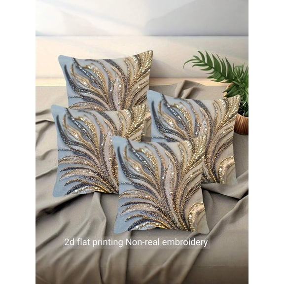 4pcs Modern Abstract Feather Pattern Pillow Covers - Silver Sequin