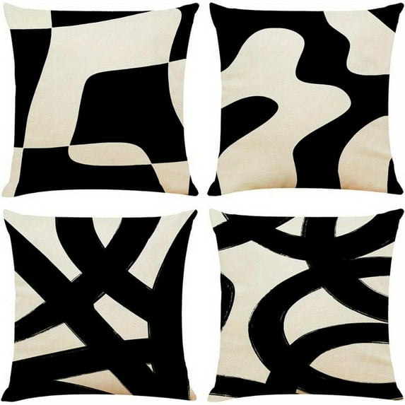 4pcs Modern Abstract Geometric Throw Pillow Cover, Black and Beige Art Line Pillow Cases Modern Home Decorative Cushion Covers for Couch Chair Bedroom Farmhouse Sofa Not Including Pillows