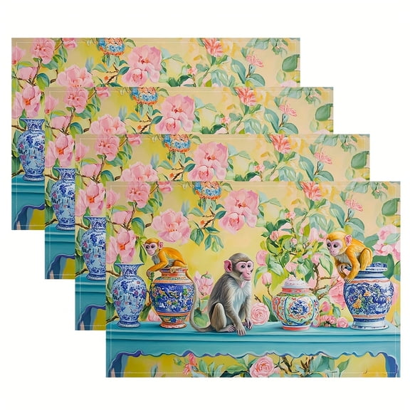 4pcs, Monkeys And Chinoiserie Jars in Preppy Bright Colors Placemats, Fashion Print Pattern Table Mat, for Dining Table, Kitchen, Party, Indoor, Holiday, Dinner Parties And Home Decor, 12X18 Inch