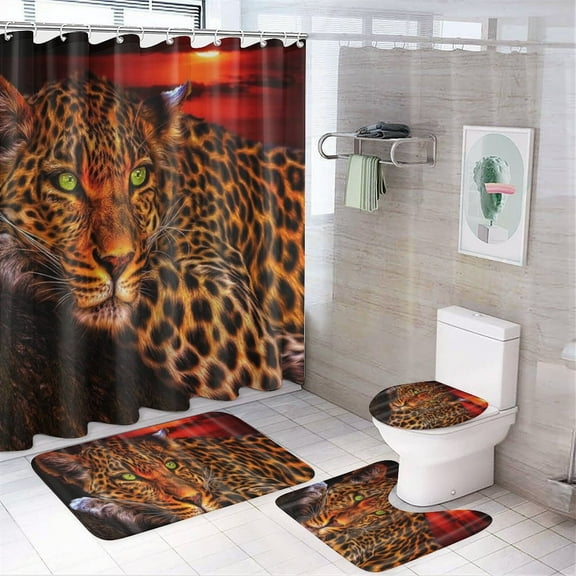4pcs Moon Leopard Cheetah Shower Curtain Sets with 12 Hooks, Bathroom Decor Sets, African Shower Curtains and Toilet Mat Lid Rug