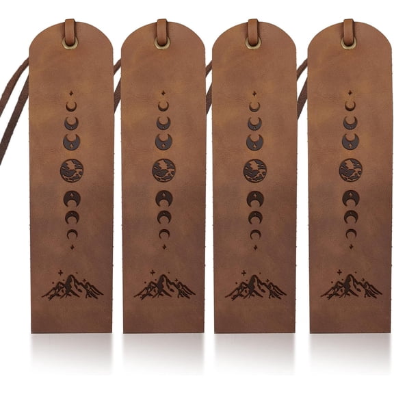 4pcs Moon Phase Mountain Leather Bookmarks 27inch Handmade Genuine Leather Book Markers Landscape Star Cowhide Page Markers with Tassel for Writers Book Lovers Bookworms