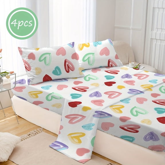 4pcs Multicolor Graffiti Heart Print Bed Fitted Sheet Set - Soft & Comfortable Bedding for Kids and Teens