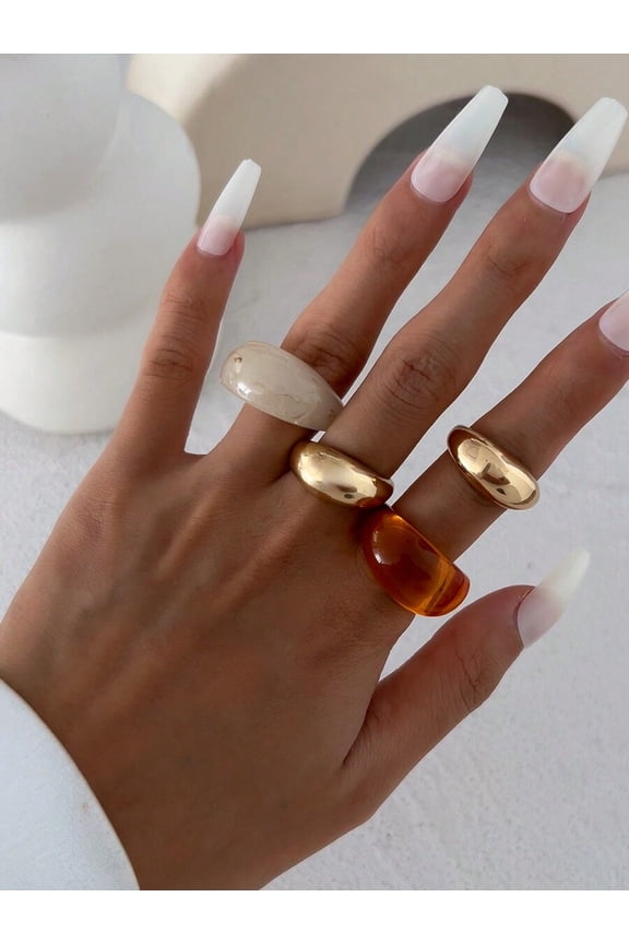 4pcs Multicolor Vintage Minimalist Thick Round Open Ring Set For Women