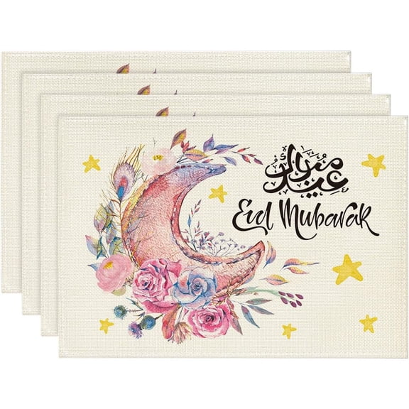 4pcs Muslim Moon Placemats Table Mats Durable Washable Rustic Linen Vintage Placemats for Home Dinner Party Camping Wedding Table Decoration 12 x 18 Inch