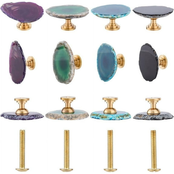 4pcs Natural Agate Cabinet Knobs with Screws Set 4 Colors Agate Stone Drawer Knobs Door Drawer Pull Handle Wardrobe Cupboard Decor Gemstone Knobs for Home Furniture Closet Kitchen Cupboard Colorful