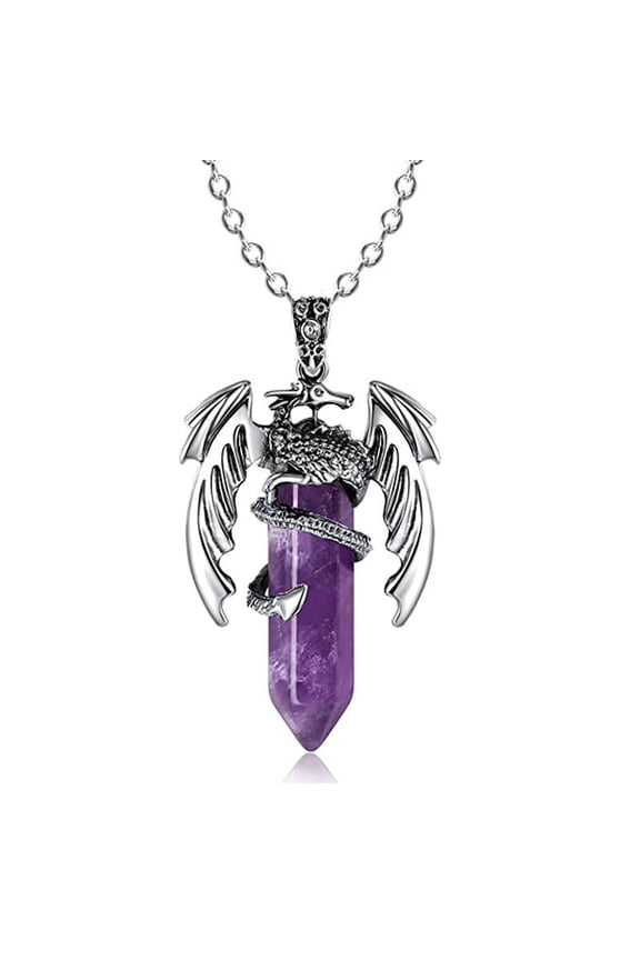 4pcs Natural Amethyst with Dragon Pendant Necklace with Zinc Alloy Chains 19.69 inch(50cm)