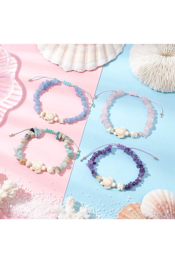 4pcs Natural Gemstone Chip Bead Bracelets Adjustable Synthetic Turquoise & Natural Shell Bracelets with Nylon Thread Turtle Inner Diameter: 2-1/4 inch(5.7cm) Turtle: 17x14x7mm