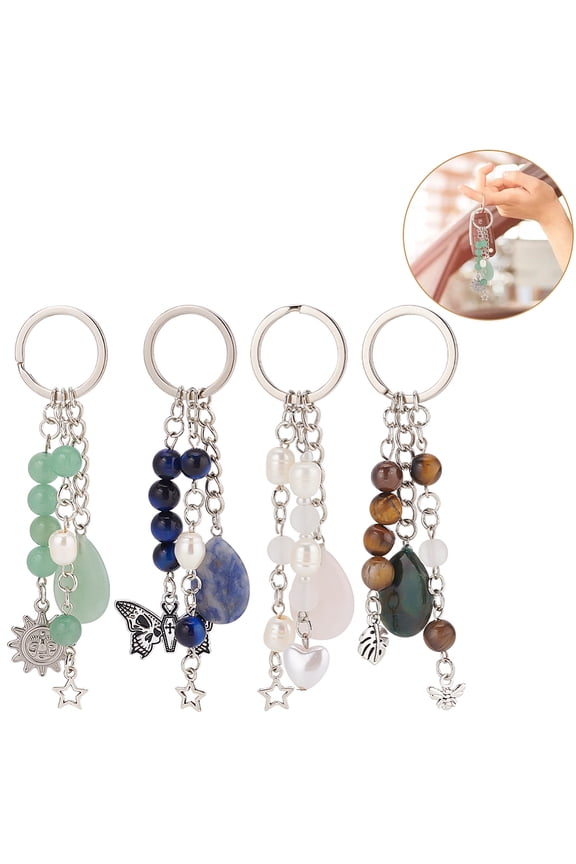 4pcs Natural Gemstone Keyrings Stone Beads Pendant Keychain with Imitation Pearl Beads Alloy Charms Backpack Hanging Accessories