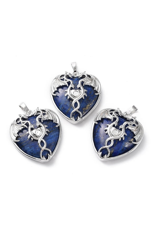 4pcs Natural Lazuli Heart Pendant Rhinestone Settings Rack Plating Platinum Plated Brass Wings Charms Long-Lasting Plated Fit for 3mm Rhinestone 37x33x10~11.5mm Hole: 8x5mm