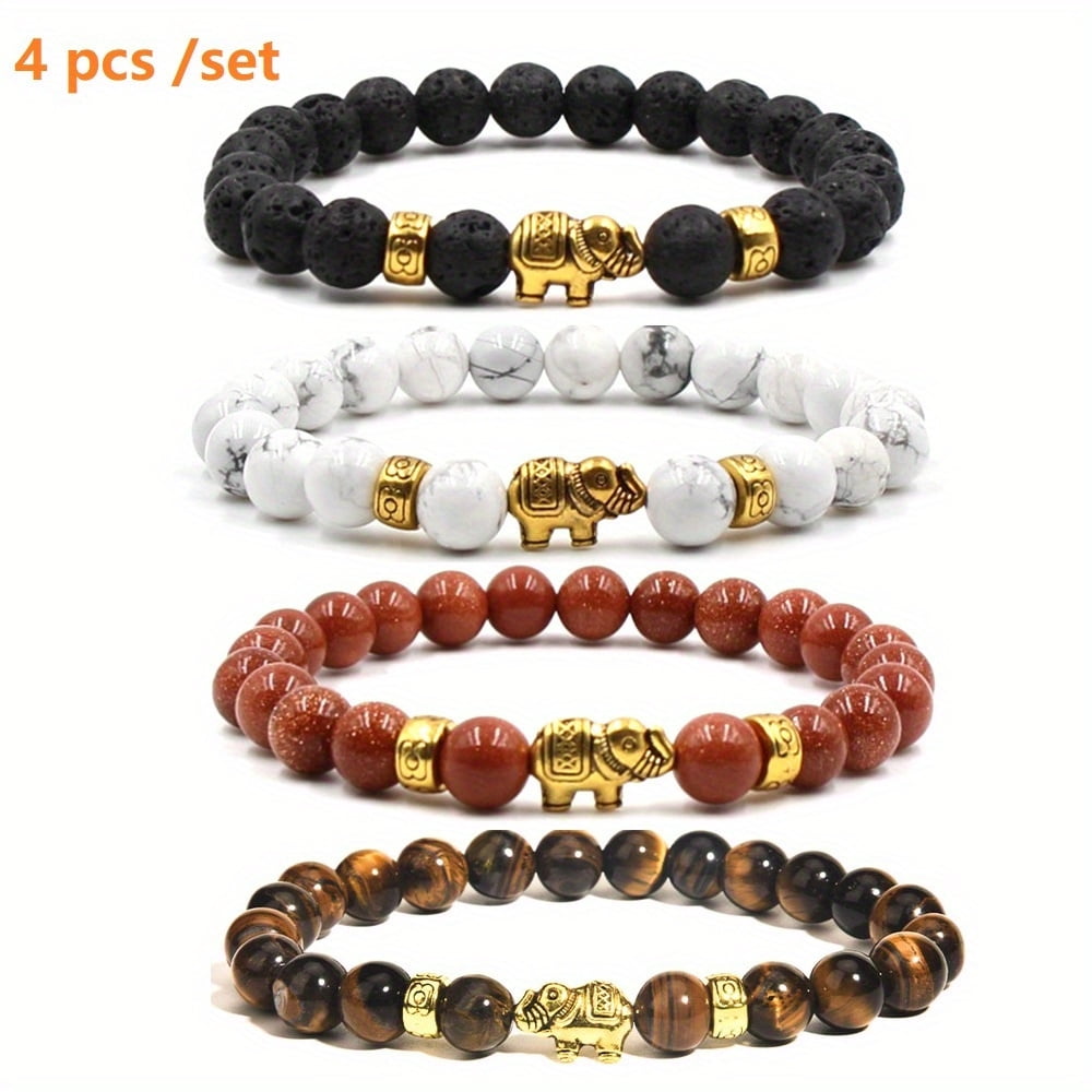 GENERIC 4pcs Natural Stone Elephant Charm Bracelet Set - Sandstone, Tiger's Eye, Volcano, White Pine - Adjustable Jewelry, Different Colors to Match Various Occasions Gift Giving,4 Colors
