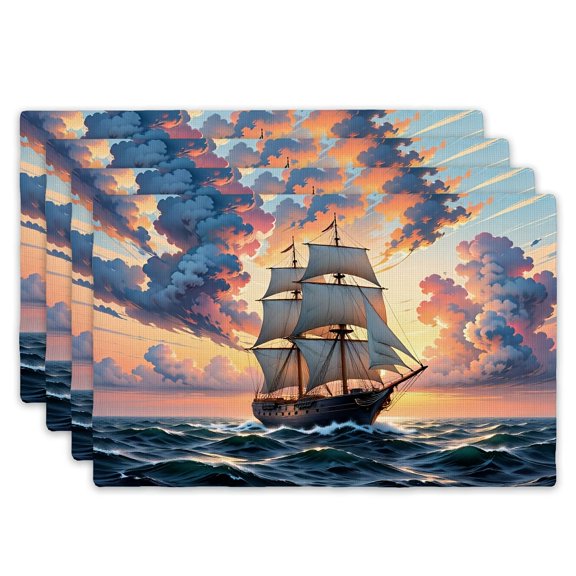 4pcs Nautical Sailing Ship Placemats Set - Ocean Sunset Maritime Table Mats with Pink, Purple, Blue, Golden, White & Black Seascape Design - Large 12x18 Inch Kitchen & Dining Decor