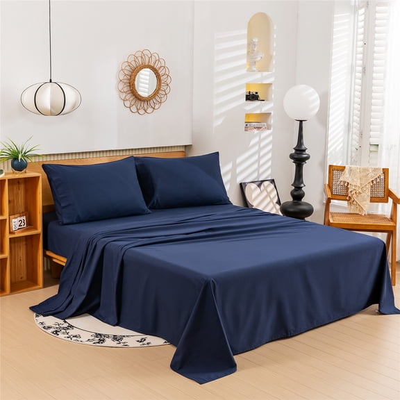 4pcs Navy Blue Cotton Bed Sheets Set, Premium Bed Sheet Set, 18-Inch Deep Pocket, Soft Breathable Bedding