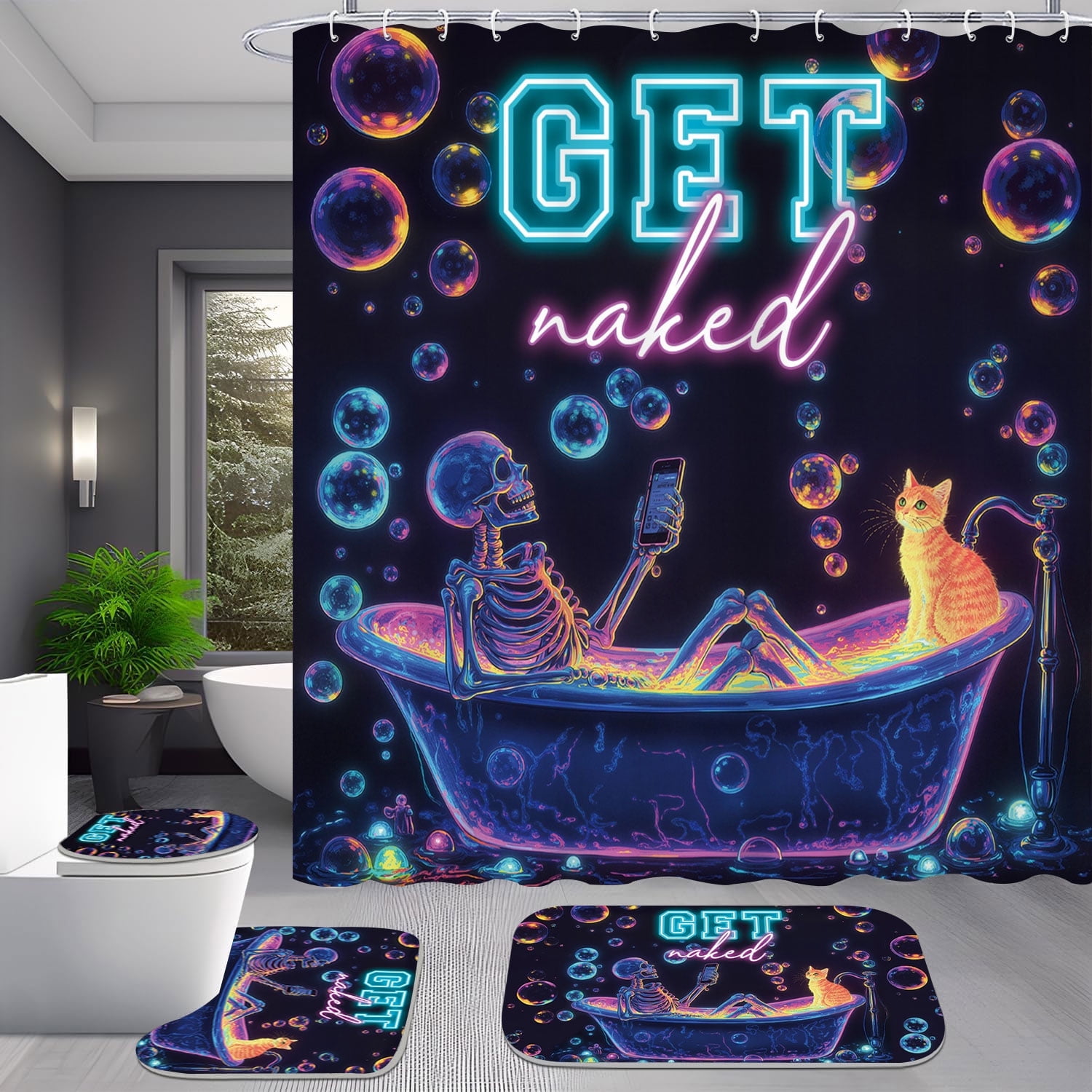 4pcs Neon Skull Shower Curtain Set Funny Skeleton in Bathtub with Cat Colorful Gothic Halloween Bathroom Decor
