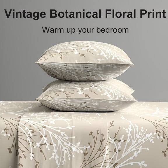 4pcs Neutral Botanical Branch Print Bed Sheet Set - Soft Microfiber, Deep Pocket Fitted Sheets for Twin, Full, Queen, King Sizes
