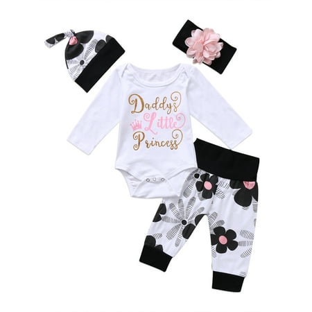 4pcs Newborn Toddler Baby Girl Floral Clothes Jumpsuit Romper Bodysuit Pants Headband Hat Outfit Set 0-6 Months