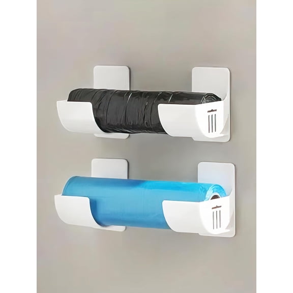 4pcs No-Drill Kitchen Storage Rack with Adhesive Hooks, Space-Saving Organizer for Foil Wraps, Trash Bags, and Kitchen Essentials, Wall-Mounted & Cabinet Door Storage Solution, White