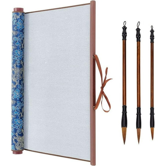 4pcs No Ink Chinese Calligraphy Set Reusable Water Writing Magic Cloth Scrolls Chinese Traditional Calligraphy Writing Brushes Pens DIY