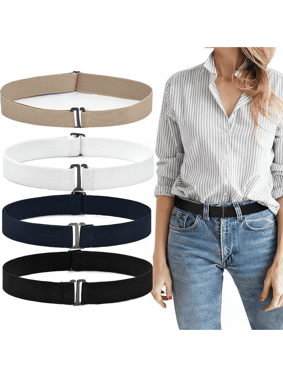 4pcs No Show Stretch Belt for Women Invisible Elastic Tuck Band, Adjustable Strap Crop Belt with Flat Buckle for Jeans Pants Dresses