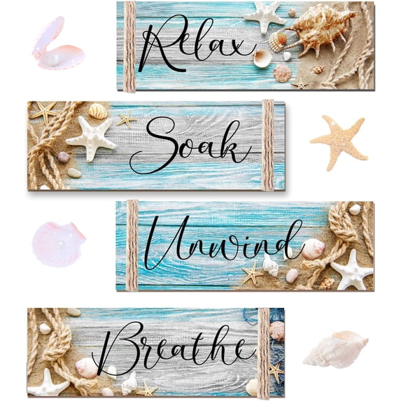 4pcs Ocean Beach Wood Relax Soak Unwind Breathe Art Sign Hanging Wooden for Living Room Laundry Spa Washroom Home Decor