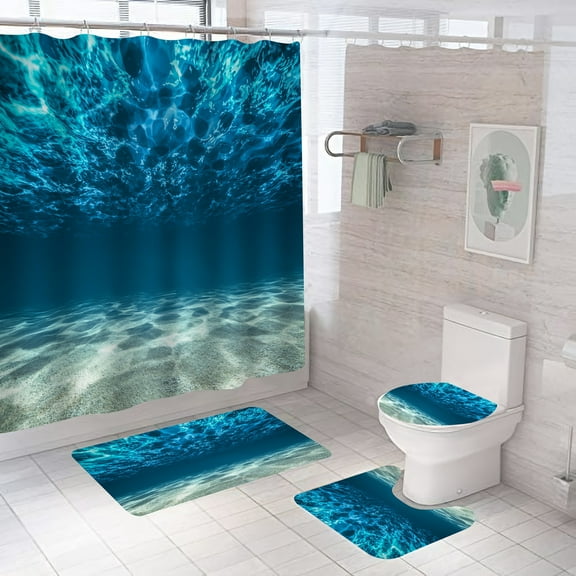 4pcs Ocean Decor Shower Curtain Set, Blue Sea View Bathroom Shower Curtain, Waterproof Polyester Bath Curtain With 12 Hooks, Machine Washable Curtain For Bathroom Decor