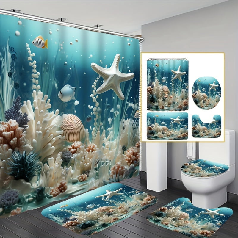 4pcs Ocean Series Blue Coral Shower Curtain Set Decorative Bathroom Set Waterproof Shower Curtain Non slip Floor Mat Toilet Lid Bathroom Mat and 12 Plastic Hooks Bathroom Accessories Home Decor