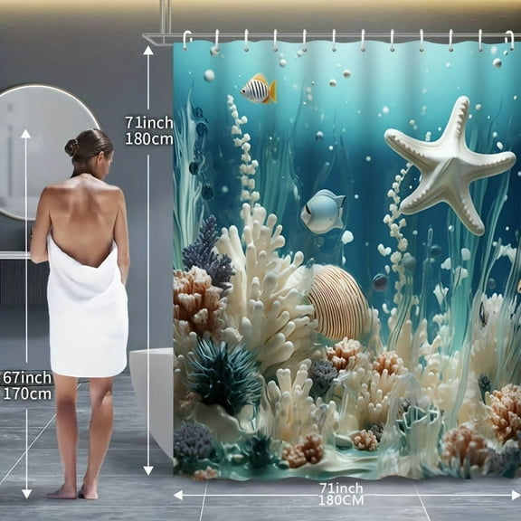 4pcs Ocean Series Blue Coral Shower Curtain Set Decorative Bathroom Set Waterproof Shower Curtain Non slip Floor Mat Toilet Lid Bathroom Mat and 12 Plastic Hooks Bathroom Accessories Home Decor