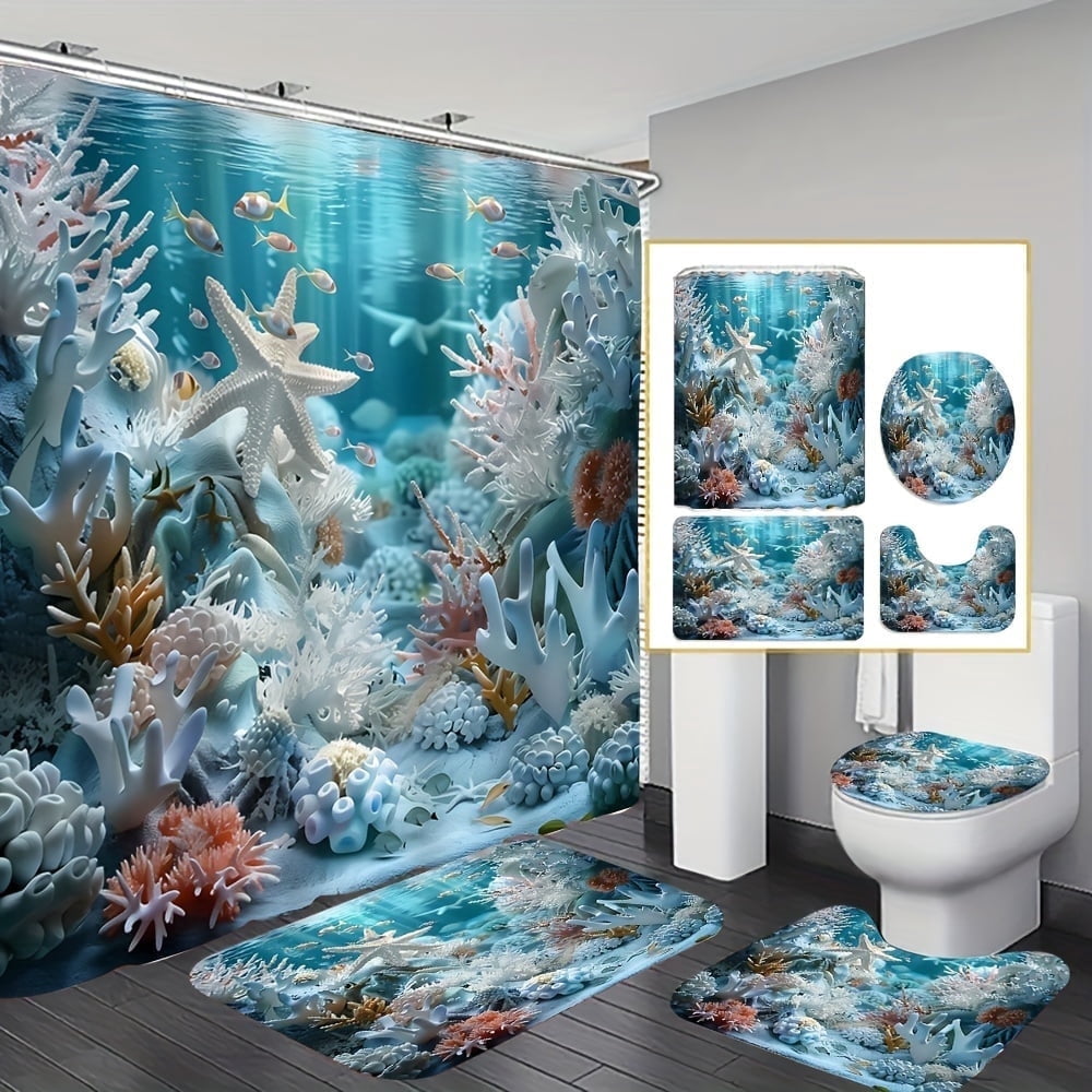 4pcs Ocean Style Shell Starfish Shower Curtain Set Bathroom Set Waterproof Shower Curtains Non-Slip Floor Mat Toilet Seat Cover, Bath Mat and 12 Plastic Hooks Bathroom Accessories Home Decor