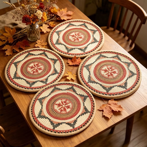 4pcs Octagonal Star Braided Boho Linen Placemats, Handwoven Heat Resistant Table Mats, Vintage Macrame Farmhouse Decor Pad for Kitchen Counter and Family Dining Table Daily Settings, Multicolor
