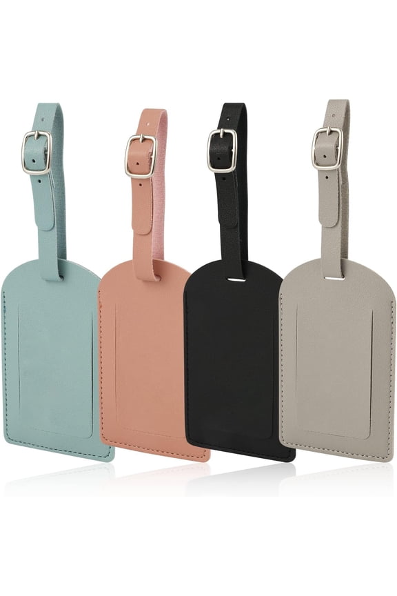 4pcs PU Leather Luggage Tag with Adjustable Strap, Suitcase Tags Identifier Travel Bag Baggage Labels with Privacy Protection Cover for Couple Suitcases Travelling Wedding Valentines Gift (4 Colors)